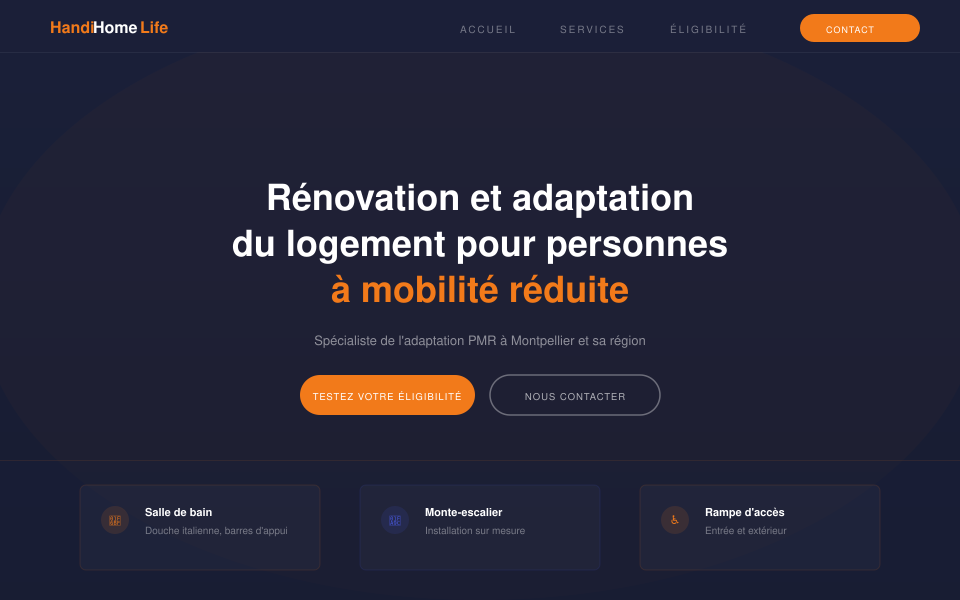 Site vitrine adaptation logement PMR HandiHomeLife Montpellier — réalisé par Méridien Digital